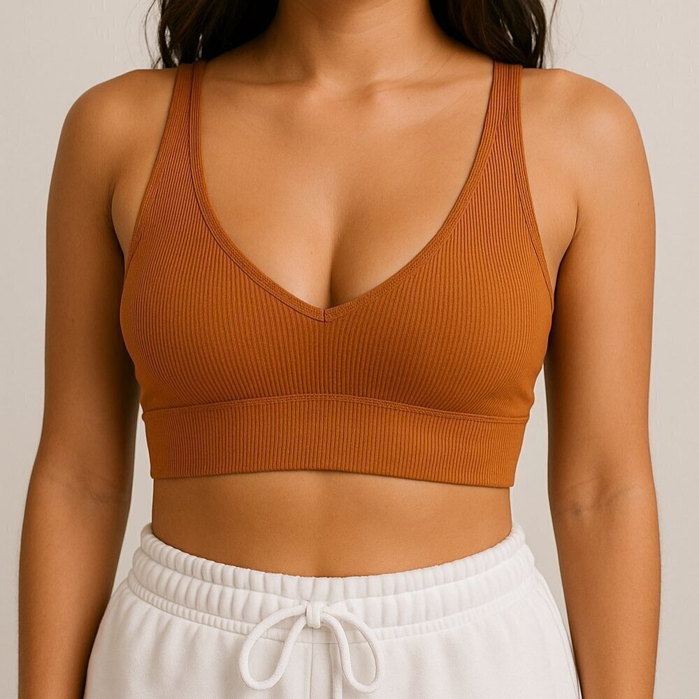 Aerie NWT Brown Ribbed Plunge Bralette Double Strap Mesh Back